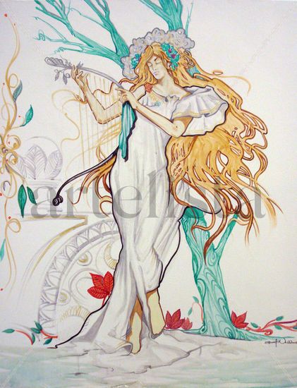 ninfa con arpa Acrylic Canvas Figure Painting