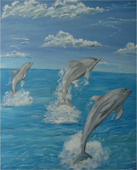 los tres delfinesm y el mar... Oil Canvas Marine Painting