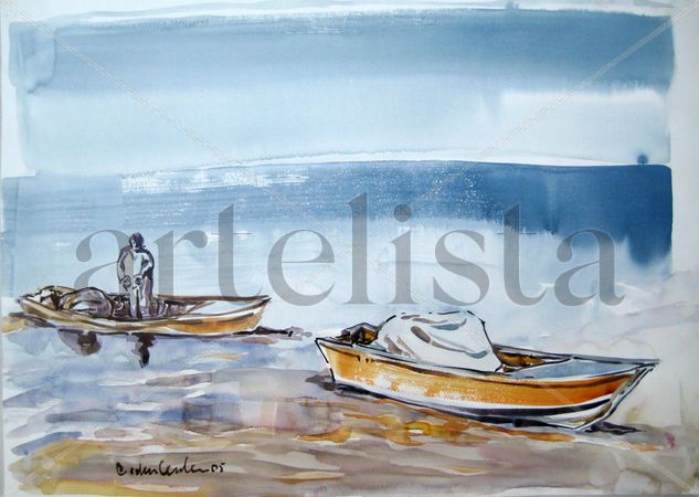 En azul el pescador Watercolour Paper Marine Painting