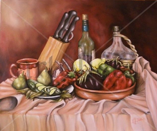 Bodegon de pimientos y vino Oil Canvas Still Life Paintings