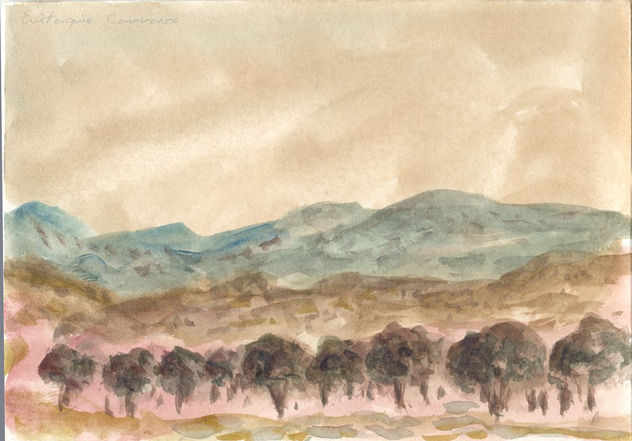 Árboles del monte y montañas al fondo, (Trees of the forest and mountains in the background)