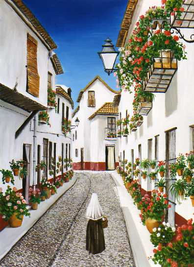 La calle de los geranios Óleo Lienzo Paisaje