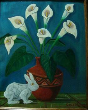 Siete Alcatraces con conejo Oil Canvas Floral Painting