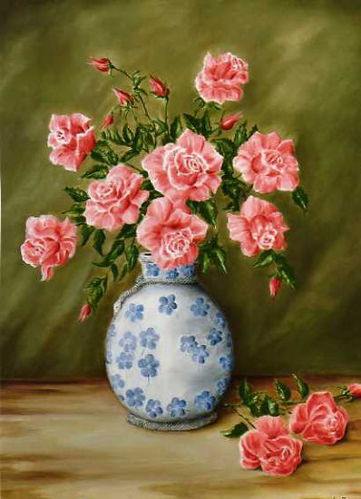 Jarron chino con rosas Oil Canvas Landscaping