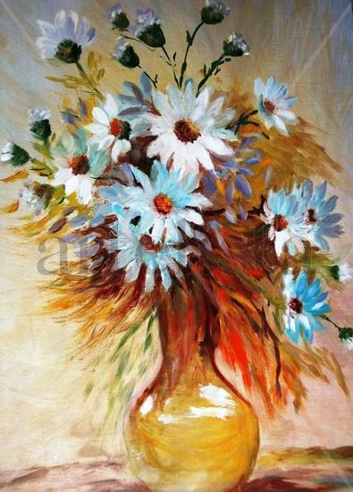 MARGARITAS EN AZUL Oil Canvas Floral Painting