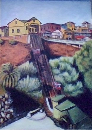 ascensor del cerro barón, VALPARAISO.- Acrílico Tabla Paisaje