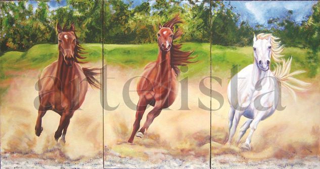 TRIPTICO DE CABALLOS Oil Canvas Landscaping