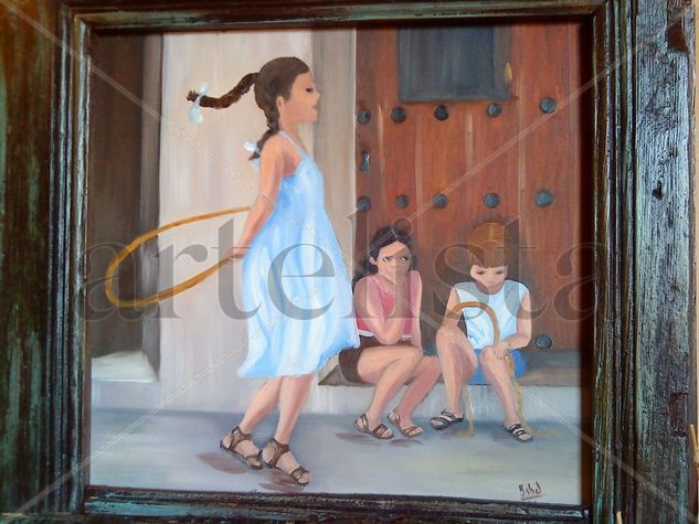 Juego de niñas Oil Panel Figure Painting