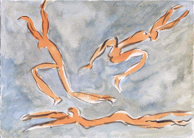 Tres personajes moviéndose entre las nubes, (Three people moving into the clouds)
