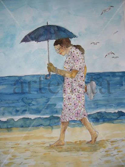 Manezinha atravessando a praia Watercolour Paper Figure Painting