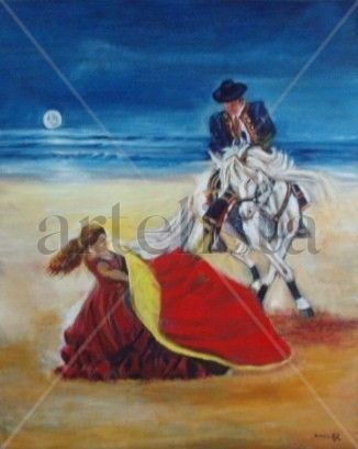 En Playas de Cádiz.¡¡¡Que bien Baila mi Caballo Andaluz!!! Óleo Lienzo Figura