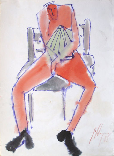 Hombre sentado con un cojín entre los brazos, (Man sitting with a pillow between the arms) Watercolour Card Figure Painting