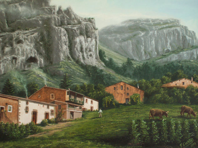 Caseríos de Cantabria. Óleo Lienzo Paisaje