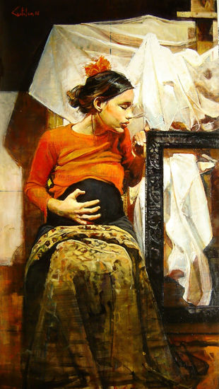 Esperando el Nacer (Serie) Oil Panel Figure Painting