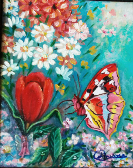 Mariposa  en Tulipán Oil Canvas Floral Painting