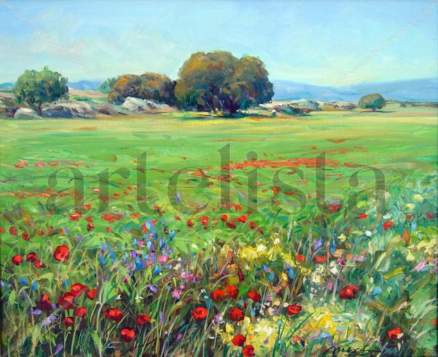 Paisaje de primavera con encinas Óleo Lienzo Paisaje