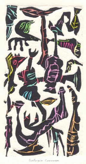 Elementos y animales en la misma conversación, (Elements and animals in the same conversation) Linocut