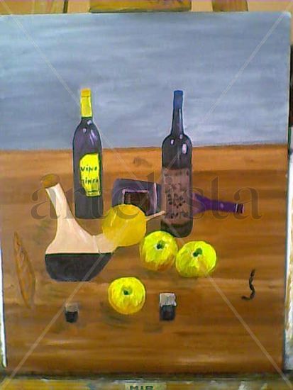 Bodegon de vino y fruta Oil Panel Still Life Paintings