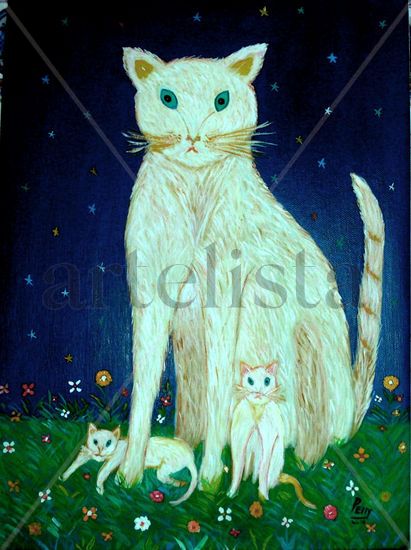 mama gato en el jardin Oil Canvas Animals