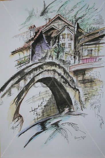 Puente viejo con color Mixed media Paper Landscaping