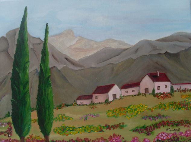 Caserio con Flores Óleo Lienzo Paisaje