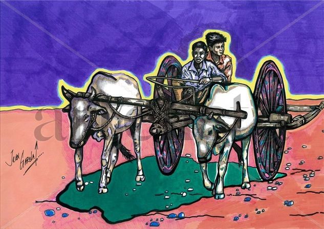 CAMPESINOS VIETNAMITAS CON SUS BUEYES Mixed Media