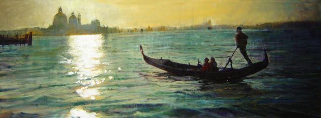 La Gondola de los enamorados. Oil Panel Marine Painting