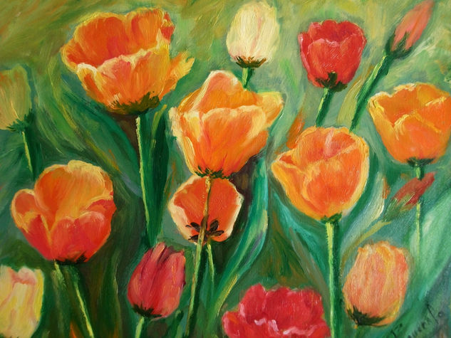 TULIPANES DE COLORES Oil Panel Floral Painting