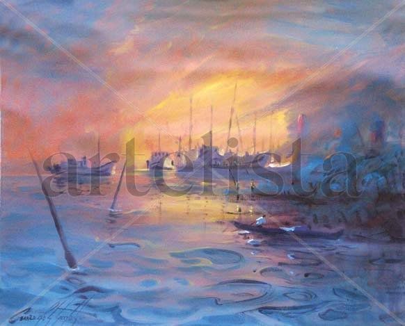 Por de sol Acrylic Textile Marine Painting