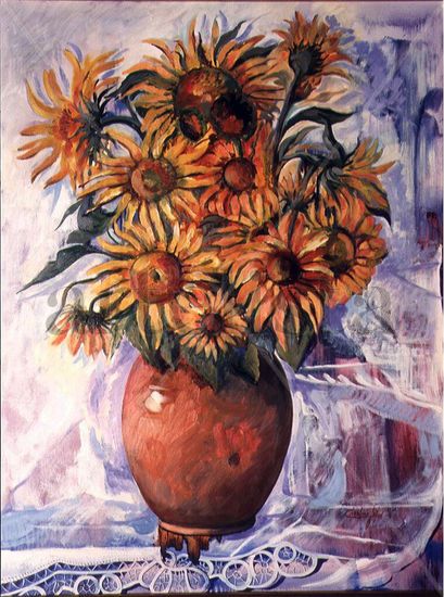 Búcaro de girasoles Óleo Tabla Floral