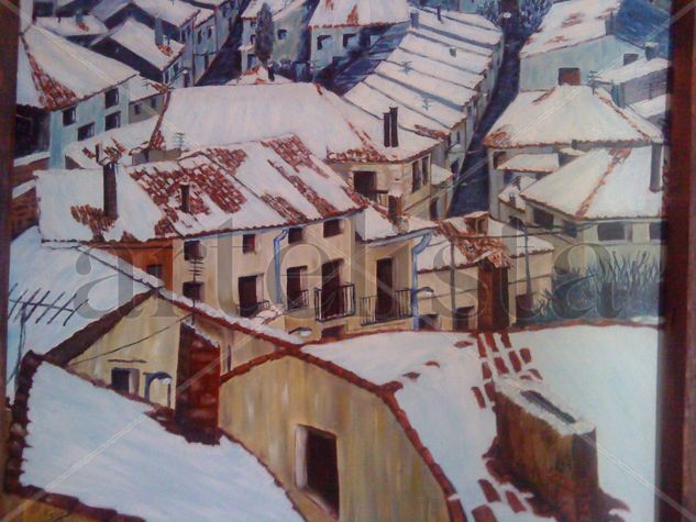 Tejados nevados Óleo Lienzo Paisaje