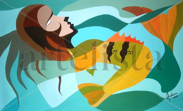 Tucunaré y la Sirena Oil Canvas Marine Painting