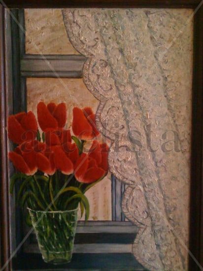 Tulipanes en la ventana Oil Canvas Still Life Paintings