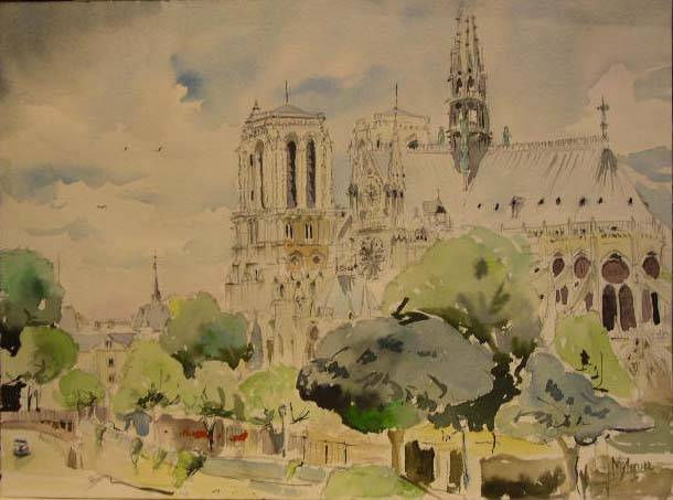 Notre dame-París Acuarela Papel