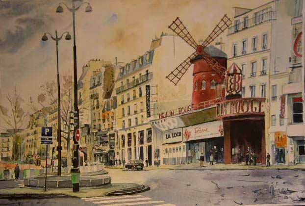 Le moulin Rouge-Paris Acuarela Papel