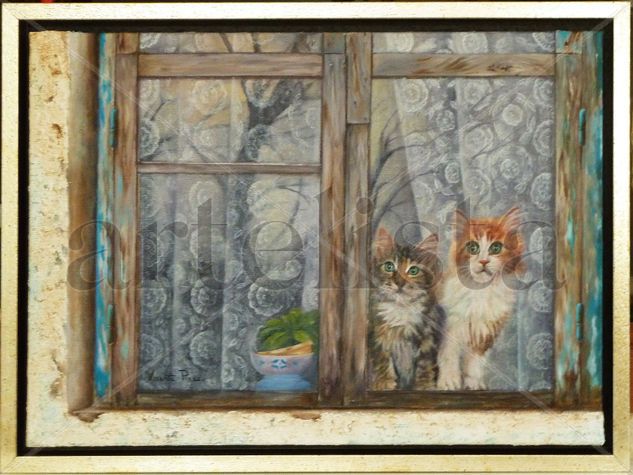 Gatos tras la ventana Oil Canvas Animals