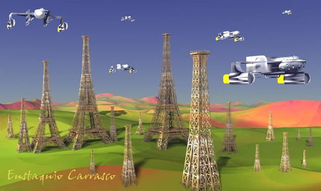 Campo de torres Eiffel y naves extraterrestres, (Country Eiffel tower and alien ships) 