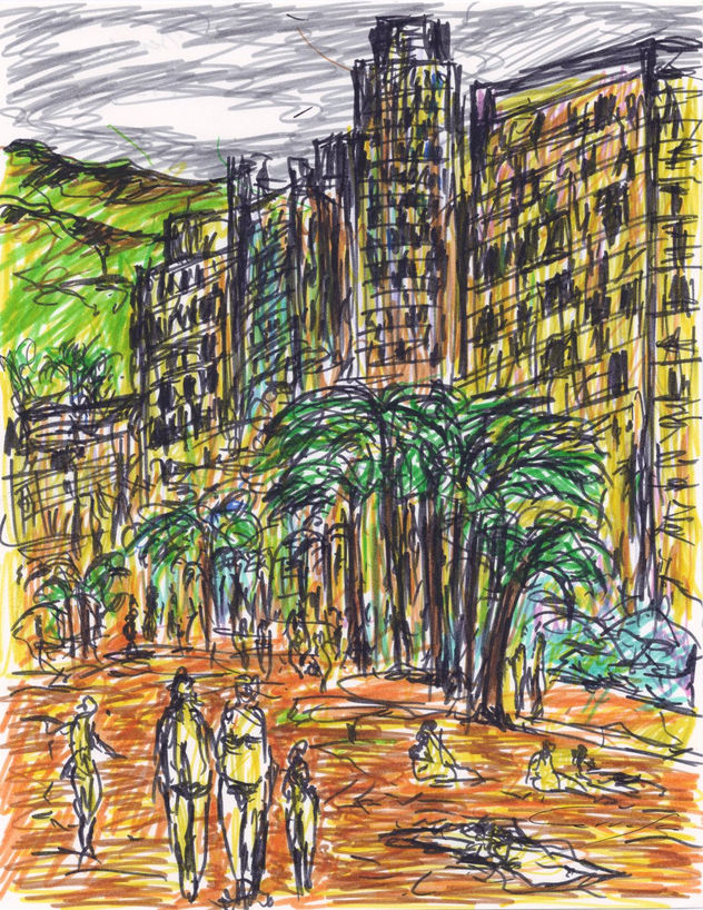Playa, bañistas, palmeras y edificios, (Beach, bathers, palm trees and buildings)