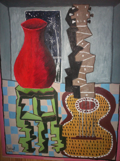 jarron rojo y guitarra Oil Canvas Landscaping