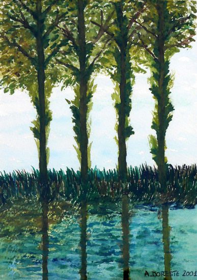 Cuatro, álamos, reflejos, acuarela Watercolour Paper Landscaping