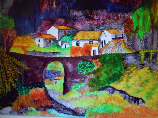 Puente al pueblo escondido Acuarela Papel Paisaje