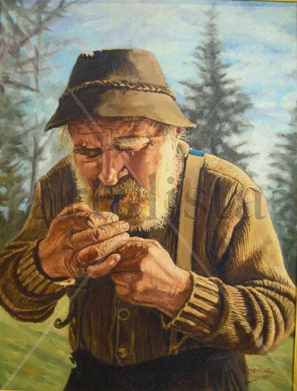 El abuelo y su cachimba Oil Panel Portrait