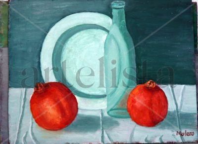 plato, botella y granadas Oil Canvas Landscaping