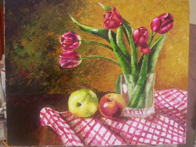Tulipanes y mantel Oil Canvas Floral Painting