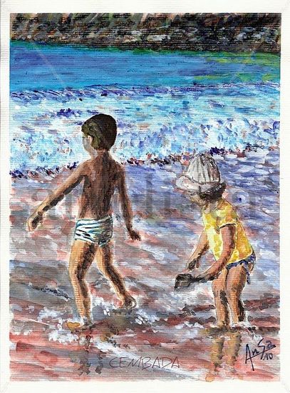 Niños en la playa Watercolour Paper Figure Painting