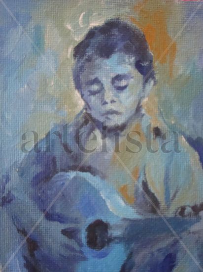 niño tocando la mandolina Acrylic Panel Figure Painting