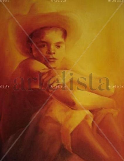 niños sentado con sombrero Oil Canvas Landscaping