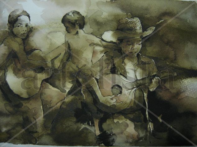 niños tocando. Watercolour Paper Figure Painting