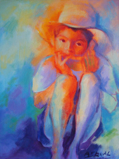 niño sentado comiento sandia. Acrylic Canvas Figure Painting