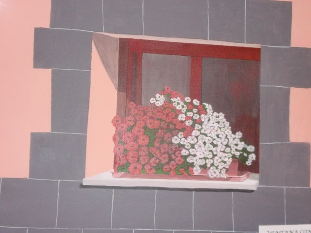 ventana con flores Acrílico Lienzo Paisaje